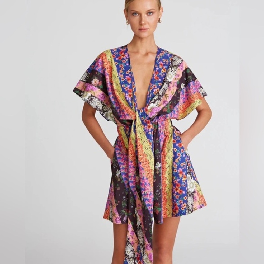 AMUR | Nyla Floral Tie Front Mini Dress colorful printed cotton sz 2 (oversized)